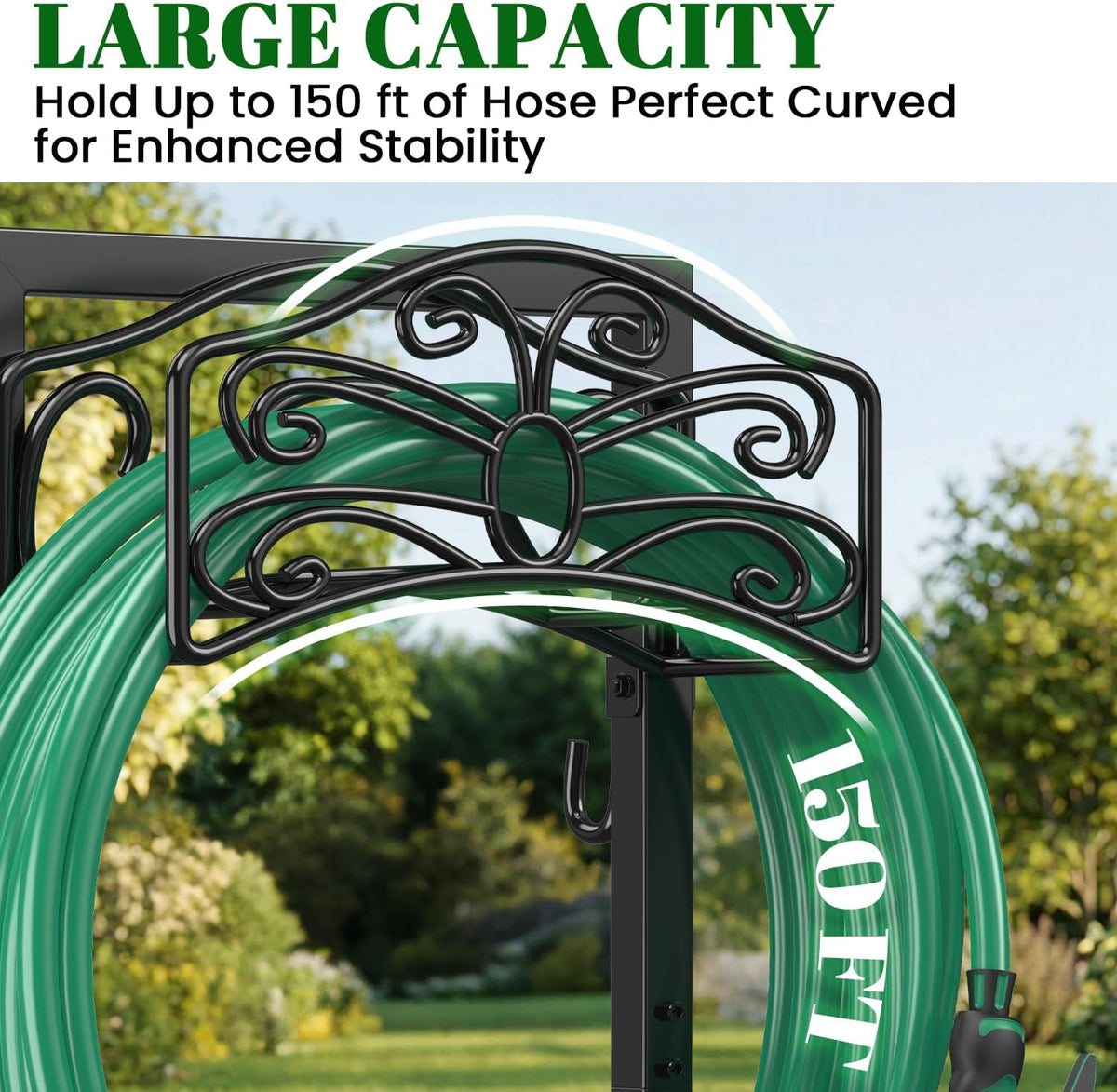 Sunvigor Freestanding Garden Hose Holder Stand, Heavy Duty Hose Reel Alternative with 2 Tool Hooks, Holds 150FT Water Hose, 4-Spike Stable Base, No-Drill Hose Storage for Outside Yard Lawn Garden