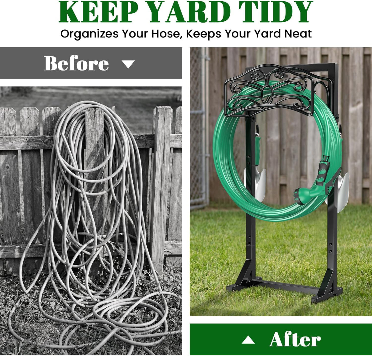 Sunvigor Freestanding Garden Hose Holder Stand, Heavy Duty Hose Reel Alternative with 2 Tool Hooks, Holds 150FT Water Hose, 4-Spike Stable Base, No-Drill Hose Storage for Outside Yard Lawn Garden