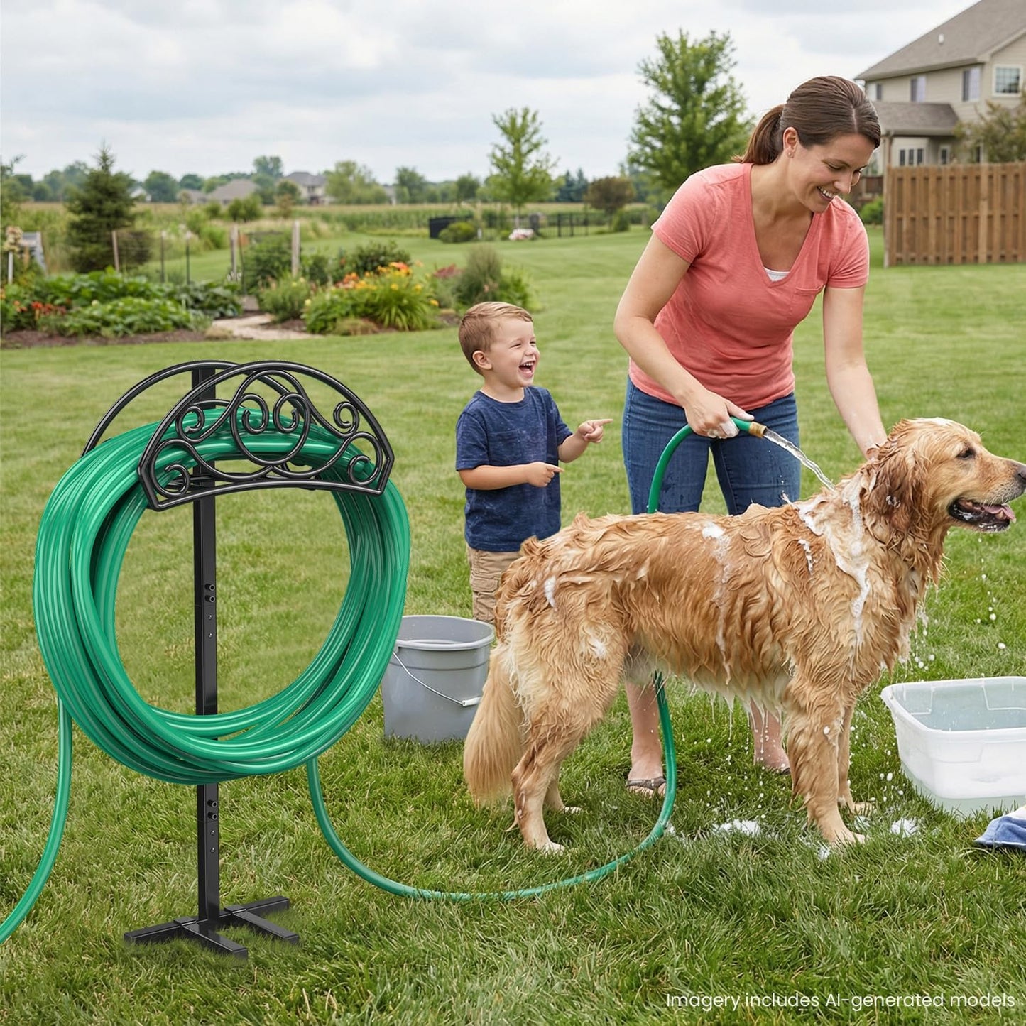 Sunvigor Freestanding Garden Hose Holder Stand, Heavy Duty Hose Reel Alternative with 2 Tool Hooks, Holds 150FT Water Hose, 4-Spike Stable Base, No-Drill Hose Storage for Outside Yard Lawn Garden