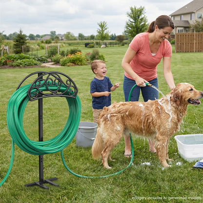 Sunvigor Freestanding Garden Hose Holder Stand, Heavy Duty Hose Reel Alternative with 2 Tool Hooks, Holds 150FT Water Hose, 4-Spike Stable Base, No-Drill Hose Storage for Outside Yard Lawn Garden