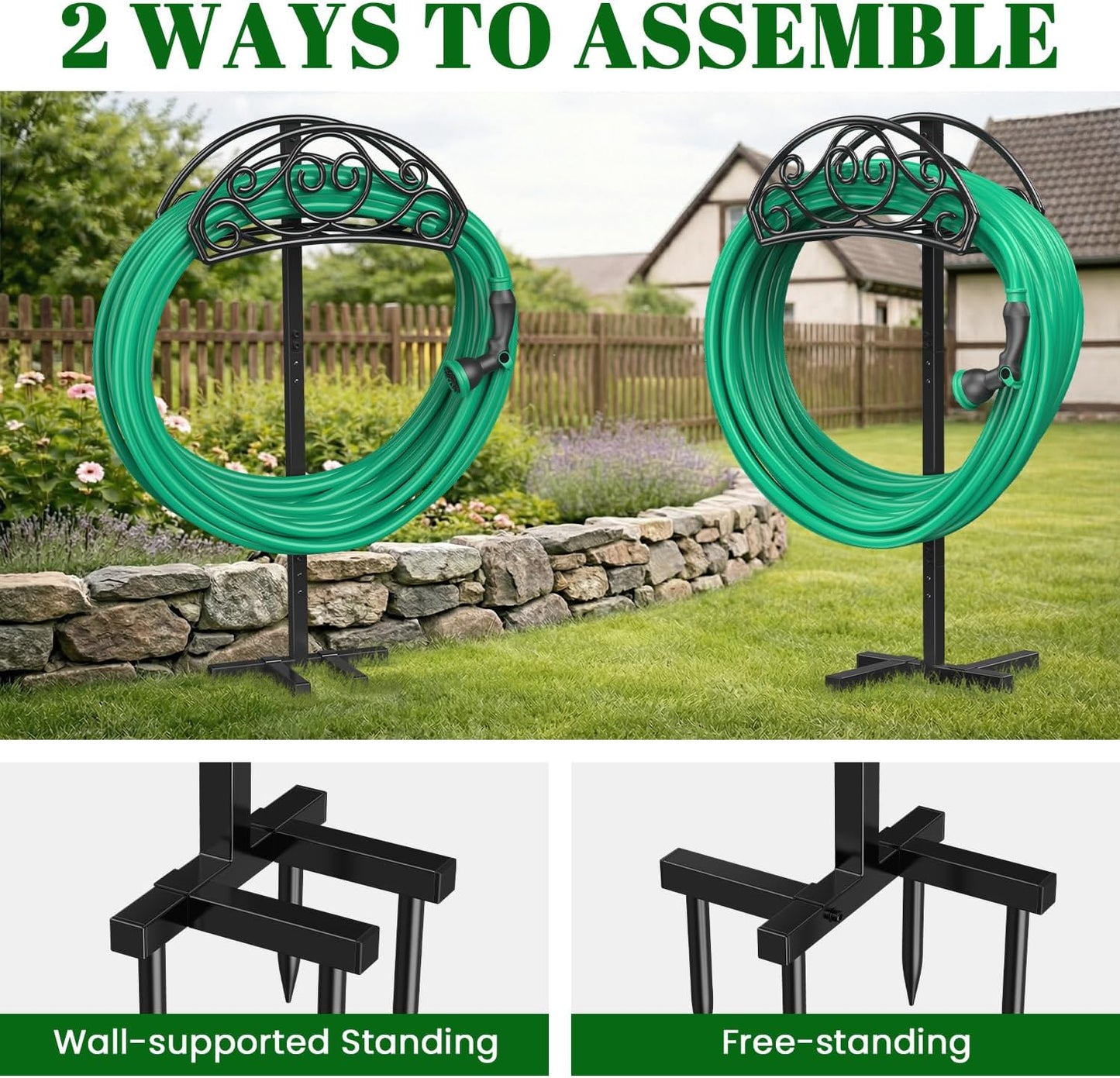 Sunvigor Freestanding Garden Hose Holder Stand, Heavy Duty Hose Reel Alternative with 2 Tool Hooks, Holds 150FT Water Hose, 4-Spike Stable Base, No-Drill Hose Storage for Outside Yard Lawn Garden