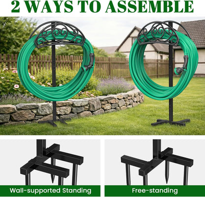 Sunvigor Freestanding Garden Hose Holder Stand, Heavy Duty Hose Reel Alternative with 2 Tool Hooks, Holds 150FT Water Hose, 4-Spike Stable Base, No-Drill Hose Storage for Outside Yard Lawn Garden