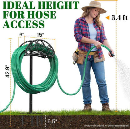 Sunvigor Freestanding Garden Hose Holder Stand, Heavy Duty Hose Reel Alternative with 2 Tool Hooks, Holds 150FT Water Hose, 4-Spike Stable Base, No-Drill Hose Storage for Outside Yard Lawn Garden