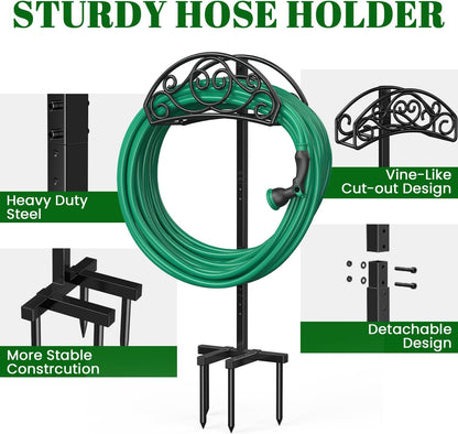 Sunvigor Freestanding Garden Hose Holder Stand, Heavy Duty Hose Reel Alternative with 2 Tool Hooks, Holds 150FT Water Hose, 4-Spike Stable Base, No-Drill Hose Storage for Outside Yard Lawn Garden