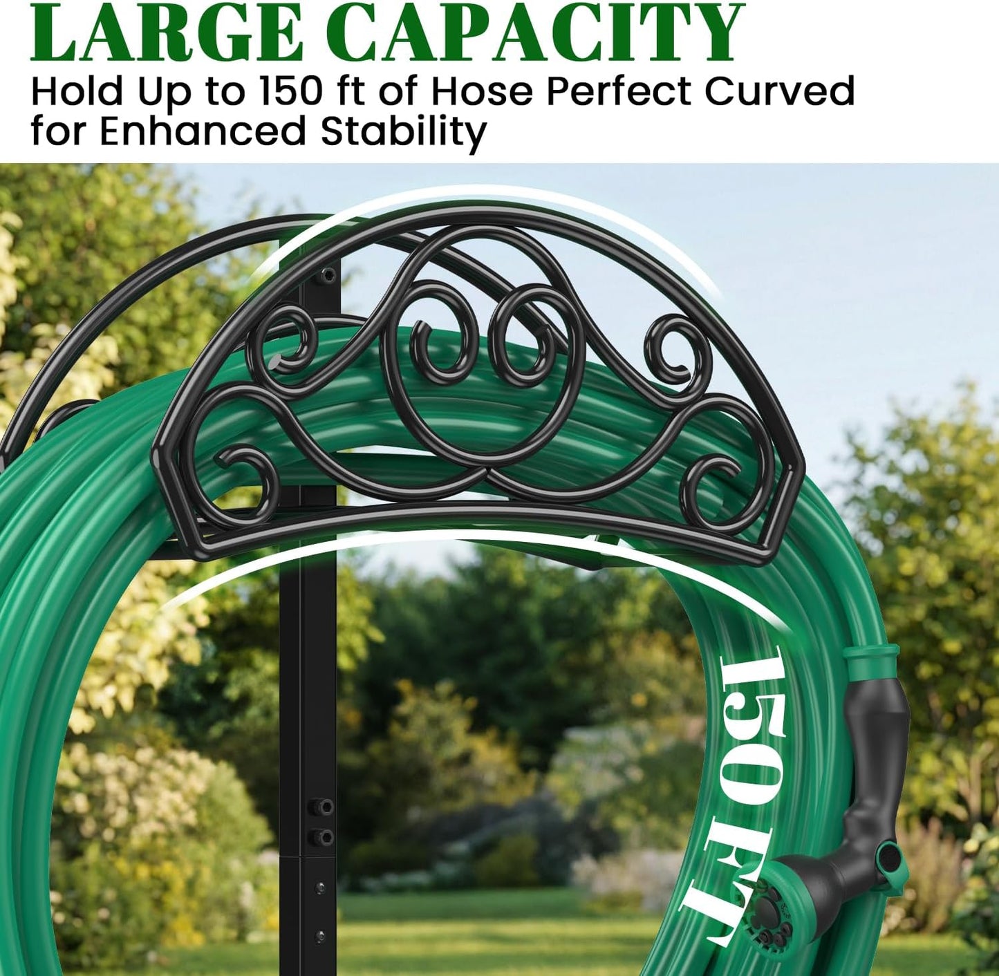Sunvigor Freestanding Garden Hose Holder Stand, Heavy Duty Hose Reel Alternative with 2 Tool Hooks, Holds 150FT Water Hose, 4-Spike Stable Base, No-Drill Hose Storage for Outside Yard Lawn Garden