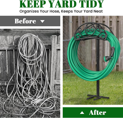 Sunvigor Freestanding Garden Hose Holder Stand, Heavy Duty Hose Reel Alternative with 2 Tool Hooks, Holds 150FT Water Hose, 4-Spike Stable Base, No-Drill Hose Storage for Outside Yard Lawn Garden