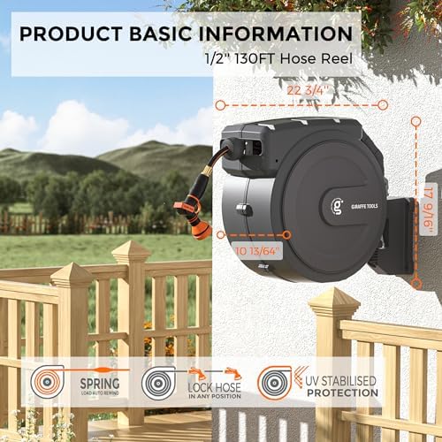 Retractable Garden Hose Reel 1/2 Inch x 155+5 ft and Hose Reel 1/2 Inch x 130 ft, Heavy Duty, Any Length Lock, Slow Return System, Wall Mounted and 180 Deg Swivel Bracket