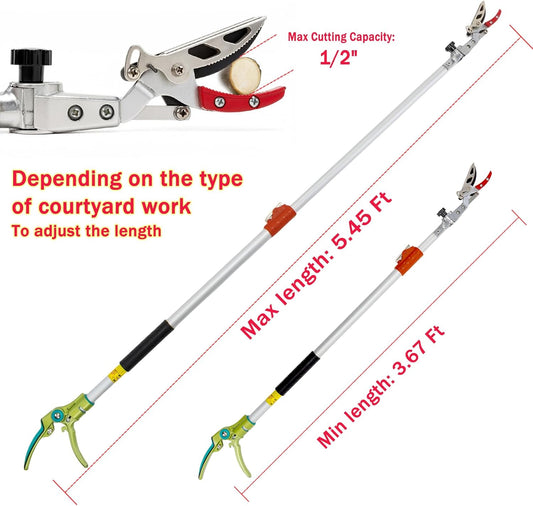3.67-5.45Ft Extendable Cut & Tree Trimmer for Precision Gardening Pruning & Fruit picking, Long Reach Pruning Shears - Lightweight Aluminum Rust-Resistant Picker, Branch Bypass Loppers(1/2" Max Cut)