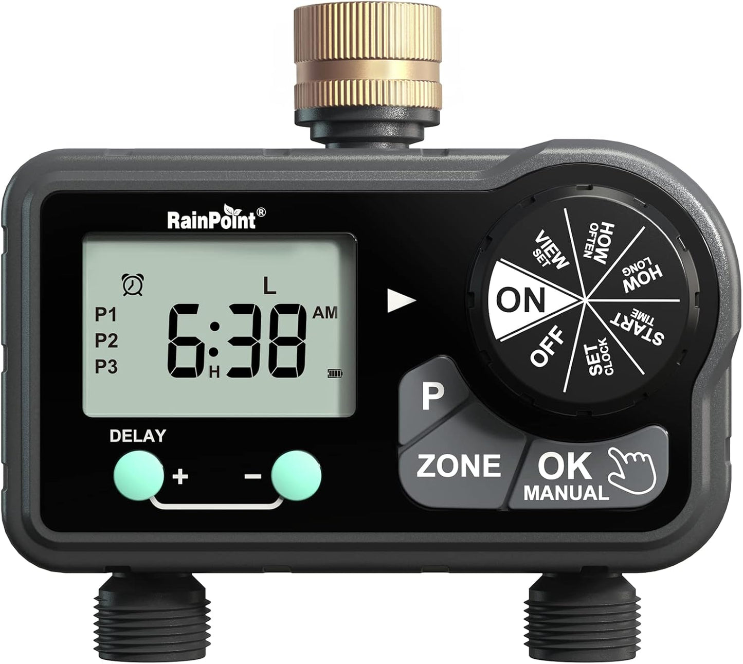 Brass Sprinkler Timer 2 Stations, Large Digital Water Timer for Garden Hose with 6 Programmable Procedure, with Delay/Manual/Auto Irrigation Mode for Week/Specific/Daily Watering