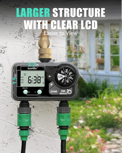 Brass Sprinkler Timer 2 Stations, Large Digital Water Timer for Garden Hose with 6 Programmable Procedure, with Delay/Manual/Auto Irrigation Mode for Week/Specific/Daily Watering
