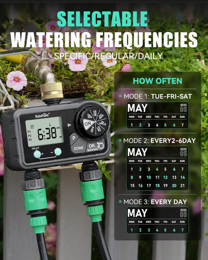 Brass Sprinkler Timer 2 Stations, Large Digital Water Timer for Garden Hose with 6 Programmable Procedure, with Delay/Manual/Auto Irrigation Mode for Week/Specific/Daily Watering