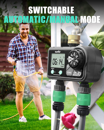 Brass Sprinkler Timer 2 Stations, Large Digital Water Timer for Garden Hose with 6 Programmable Procedure, with Delay/Manual/Auto Irrigation Mode for Week/Specific/Daily Watering