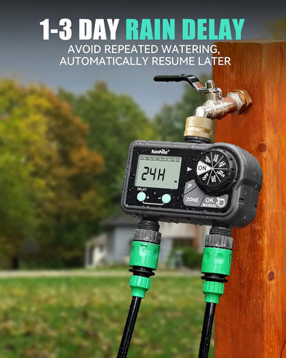 Brass Sprinkler Timer 2 Stations, Large Digital Water Timer for Garden Hose with 6 Programmable Procedure, with Delay/Manual/Auto Irrigation Mode for Week/Specific/Daily Watering