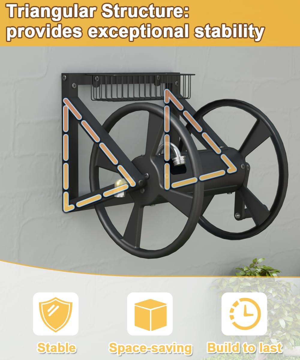 Triangle Wall Mounted Garden Hose Reel Outdoor Hose Holder Black