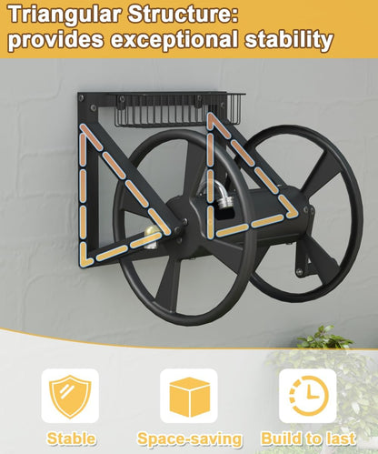 Triangle Wall Mounted Garden Hose Reel Outdoor Hose Holder Black