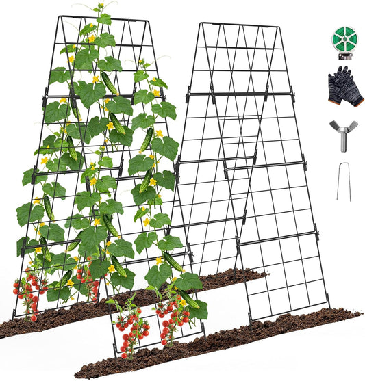 Adjustable A-Frame Trellis for Climbing Plants Outdoor, 48"x32" Cucumber Trellis for Raised Bed, Metal Garden Trellis with Grid Design, Tomato, Grape, Bean, Pea, Squash, Vegetable Trellis (Black)