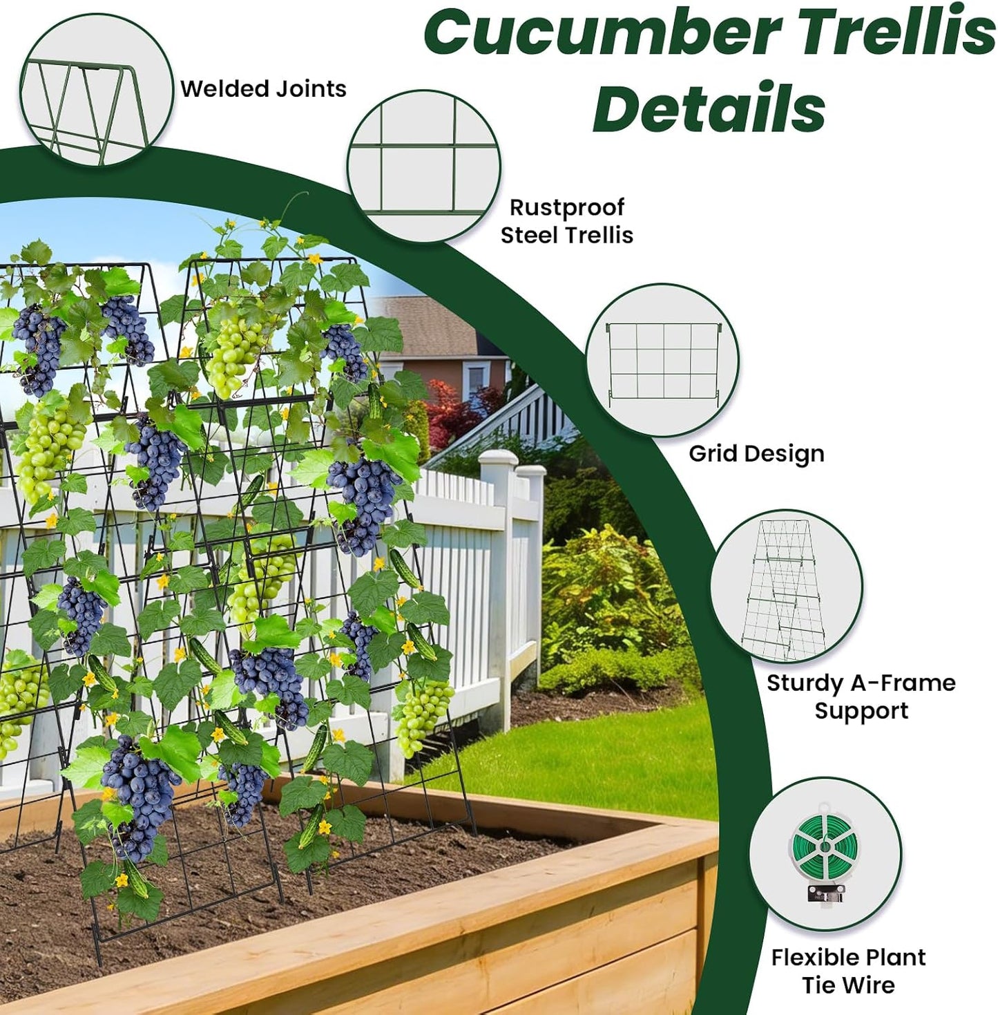 Adjustable A-Frame Trellis for Climbing Plants Outdoor, 48"x32" Cucumber Trellis for Raised Bed, Metal Garden Trellis with Grid Design, Tomato, Grape, Bean, Pea, Squash, Vegetable Trellis (Black)