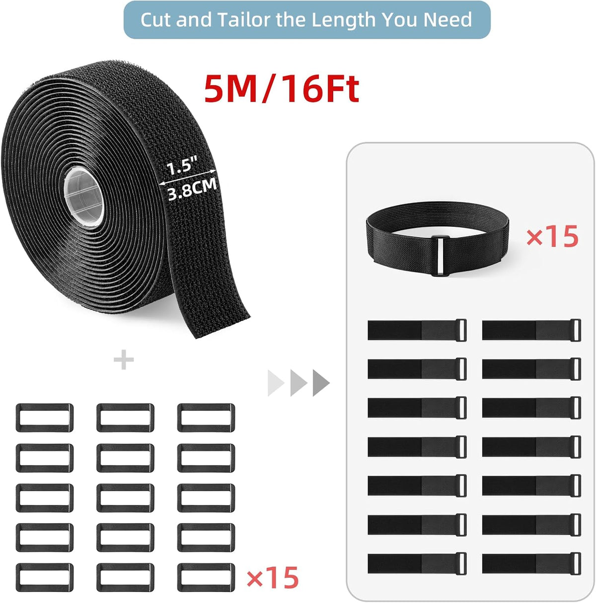 2''x 16Ft Heavy Duty Hook and Loop Straps with 15 Buckles