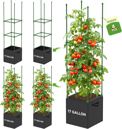 4 Pack Square Tomato Trellis Cages 55 Inch Height, with 17 Gallon Square Grow Bags (12×12in), Heavy Duty Tomato Plant Support Stakes for Outdoor Garden Climbing Vegetables Fruits Flowers