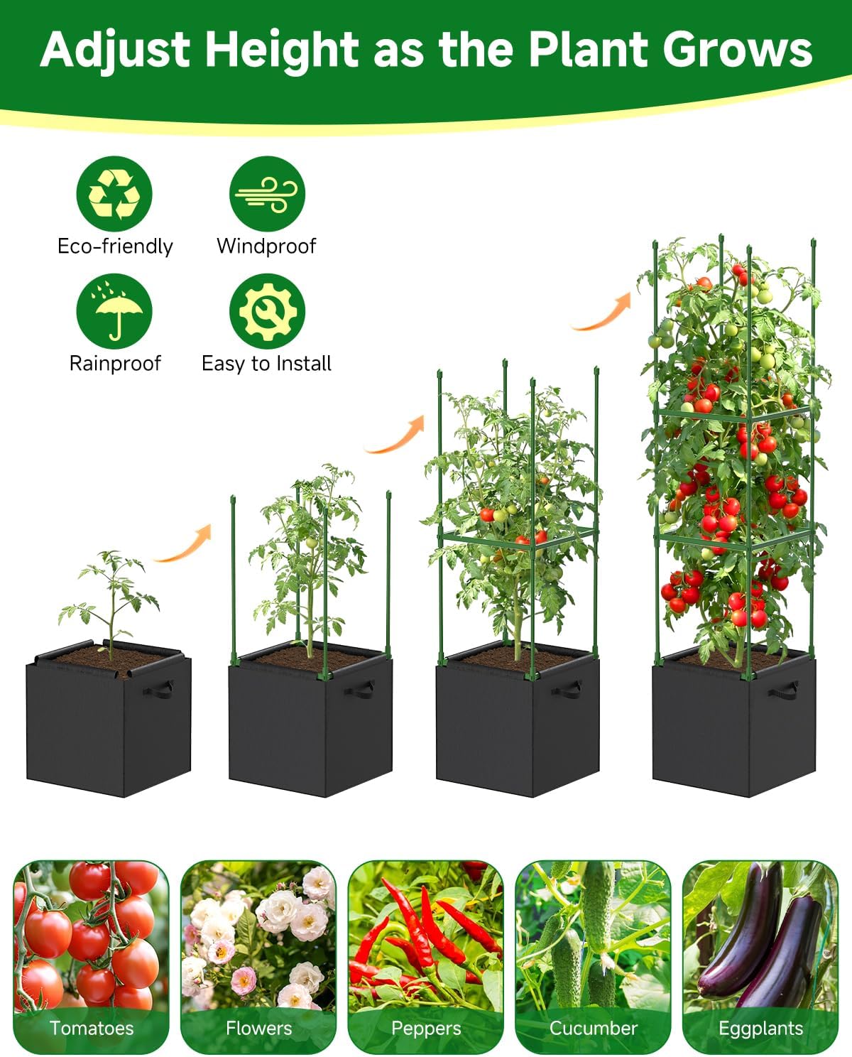 4 Pack Square Tomato Trellis Cages 55 Inch Height, with 17 Gallon Square Grow Bags (12×12in), Heavy Duty Tomato Plant Support Stakes for Outdoor Garden Climbing Vegetables Fruits Flowers