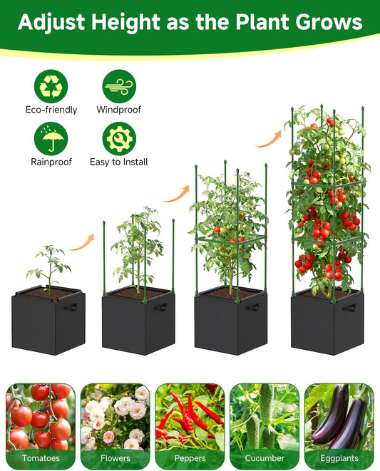 4 Pack Square Tomato Trellis Cages 55 Inch Height, with 17 Gallon Square Grow Bags (12×12in), Heavy Duty Tomato Plant Support Stakes for Outdoor Garden Climbing Vegetables Fruits Flowers