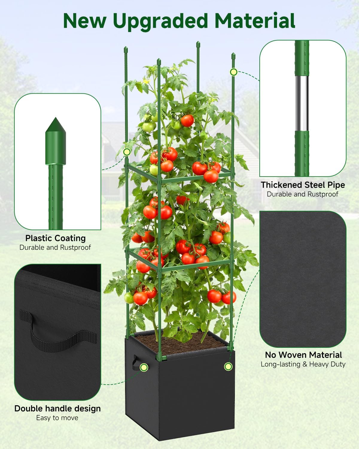 4 Pack Square Tomato Trellis Cages 55 Inch Height, with 17 Gallon Square Grow Bags (12×12in), Heavy Duty Tomato Plant Support Stakes for Outdoor Garden Climbing Vegetables Fruits Flowers