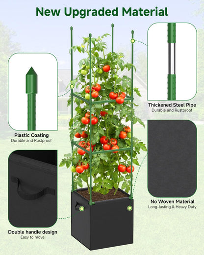 4 Pack Square Tomato Trellis Cages 55 Inch Height, with 17 Gallon Square Grow Bags (12×12in), Heavy Duty Tomato Plant Support Stakes for Outdoor Garden Climbing Vegetables Fruits Flowers