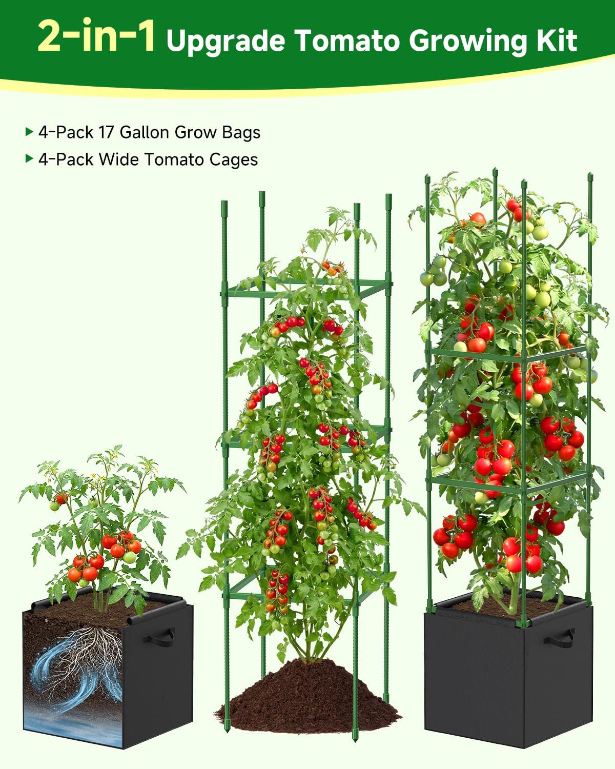 4 Pack Square Tomato Trellis Cages 55 Inch Height, with 17 Gallon Square Grow Bags (12×12in), Heavy Duty Tomato Plant Support Stakes for Outdoor Garden Climbing Vegetables Fruits Flowers