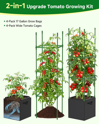 4 Pack Square Tomato Trellis Cages 55 Inch Height, with 17 Gallon Square Grow Bags (12×12in), Heavy Duty Tomato Plant Support Stakes for Outdoor Garden Climbing Vegetables Fruits Flowers