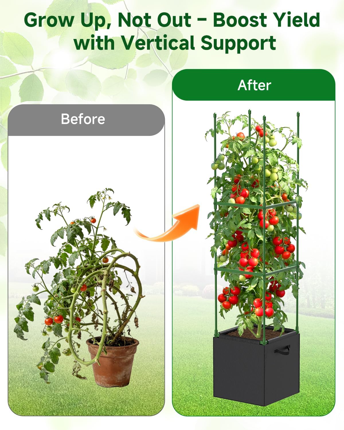4 Pack Square Tomato Trellis Cages 55 Inch Height, with 17 Gallon Square Grow Bags (12×12in), Heavy Duty Tomato Plant Support Stakes for Outdoor Garden Climbing Vegetables Fruits Flowers