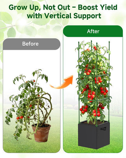 4 Pack Square Tomato Trellis Cages 55 Inch Height, with 17 Gallon Square Grow Bags (12×12in), Heavy Duty Tomato Plant Support Stakes for Outdoor Garden Climbing Vegetables Fruits Flowers