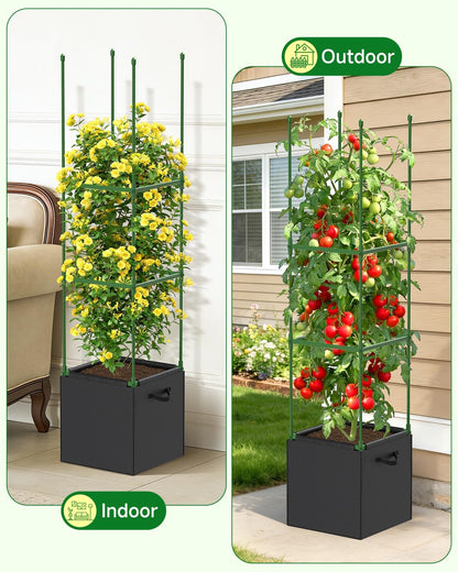 4 Pack Square Tomato Trellis Cages 55 Inch Height, with 17 Gallon Square Grow Bags (12×12in), Heavy Duty Tomato Plant Support Stakes for Outdoor Garden Climbing Vegetables Fruits Flowers