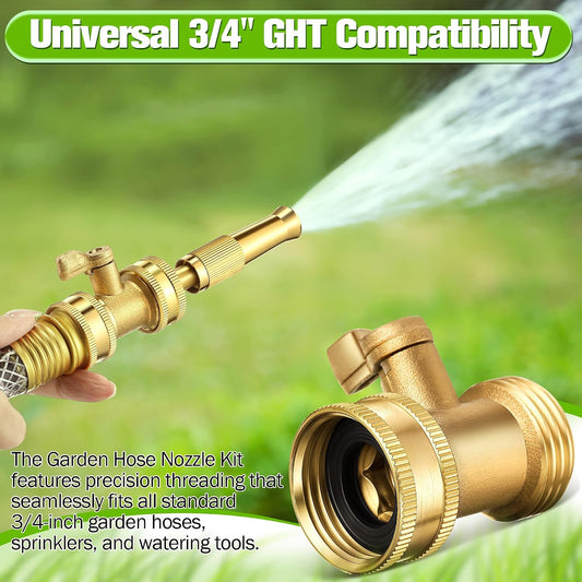 4 Pcs Brass Hose Nozzle Kit, Adjustable Twist Garden Hose Nozzle with High Pressure Jet Spray, Brass Shut off Valve, 10 Rubber Washers, 3/4 Inch Ght for Watering Plants, Car Wash, Cleaning
