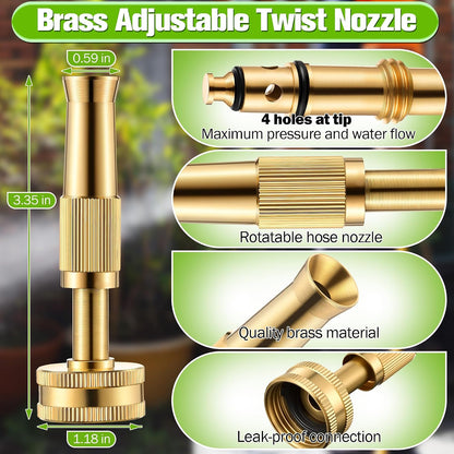 4 Pcs Brass Hose Nozzle Kit, Adjustable Twist Garden Hose Nozzle with High Pressure Jet Spray, Brass Shut off Valve, 10 Rubber Washers, 3/4 Inch Ght for Watering Plants, Car Wash, Cleaning