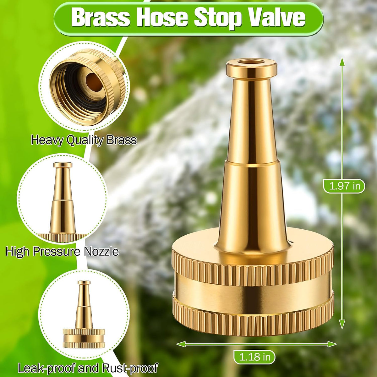 4 Pcs Brass Hose Nozzle Kit, Adjustable Twist Garden Hose Nozzle with High Pressure Jet Spray, Brass Shut off Valve, 10 Rubber Washers, 3/4 Inch Ght for Watering Plants, Car Wash, Cleaning
