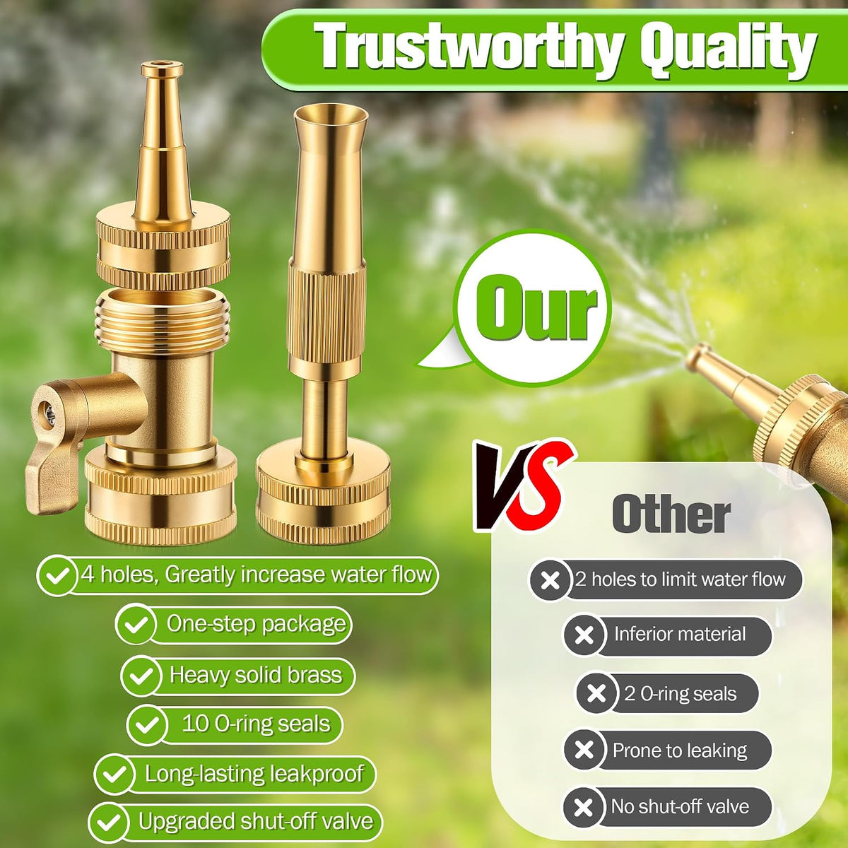 4 Pcs Brass Hose Nozzle Kit, Adjustable Twist Garden Hose Nozzle with High Pressure Jet Spray, Brass Shut off Valve, 10 Rubber Washers, 3/4 Inch Ght for Watering Plants, Car Wash, Cleaning