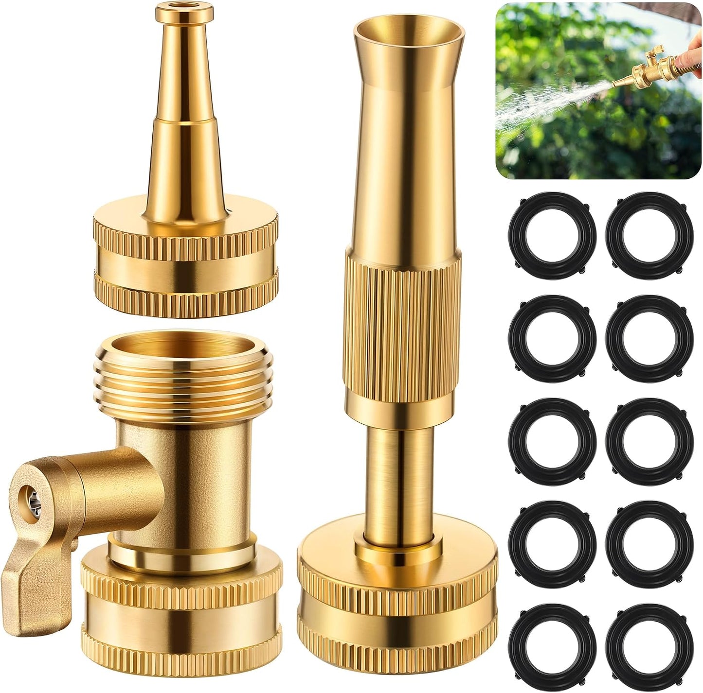 4 Pcs Brass Hose Nozzle Kit, Adjustable Twist Garden Hose Nozzle with High Pressure Jet Spray, Brass Shut off Valve, 10 Rubber Washers, 3/4 Inch Ght for Watering Plants, Car Wash, Cleaning