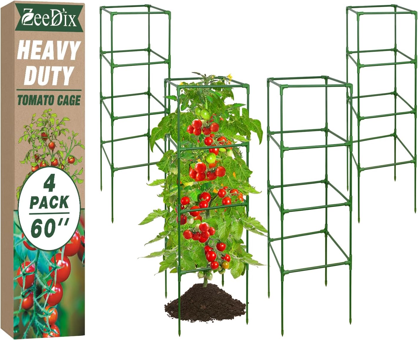 60 Inch 4 Pack Heavy Duty Tomato Cages with Clips