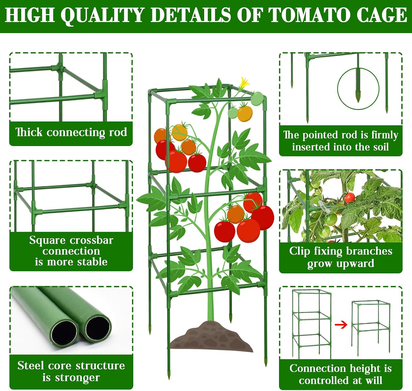 60 Inch 4 Pack Heavy Duty Tomato Cages with Clips
