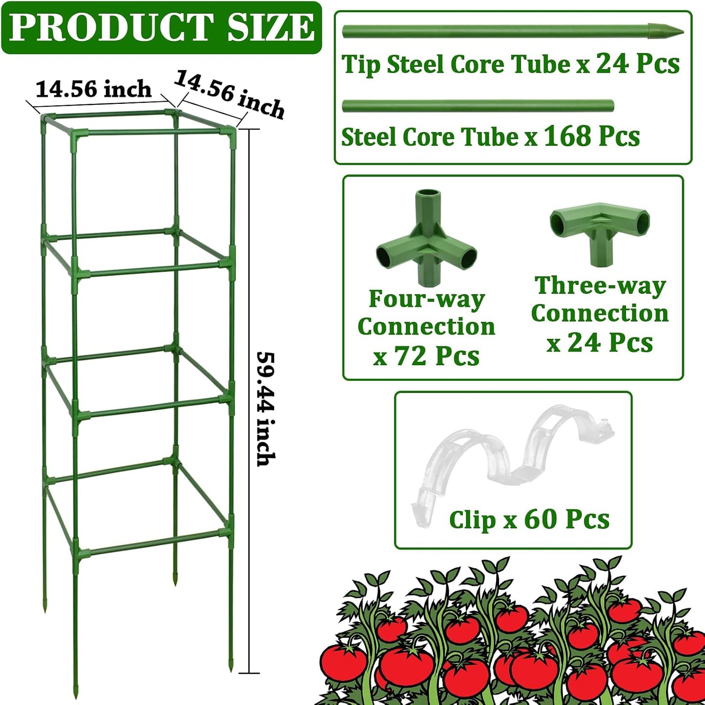 60 Inch 4 Pack Heavy Duty Tomato Cages with Clips