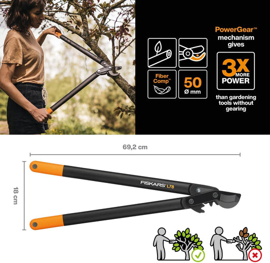 PowerGear Lopper Bypass, Hook Head (L) L78, Power Gear II system, Non-stick coating, Cutting Diameter : 5 cm, Hardened steel, Length: 70 cm, Black/Orange, 1000584