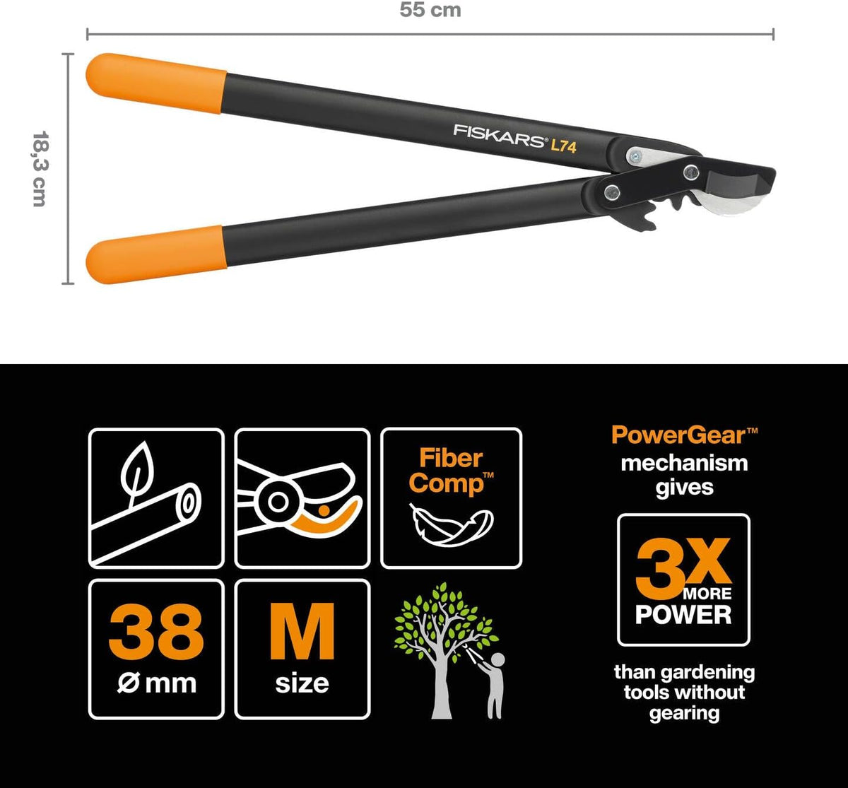 PowerGear Lopper Bypass, Hook Head (L) L78, Power Gear II system, Non-stick coating, Cutting Diameter : 5 cm, Hardened steel, Length: 70 cm, Black/Orange, 1000584