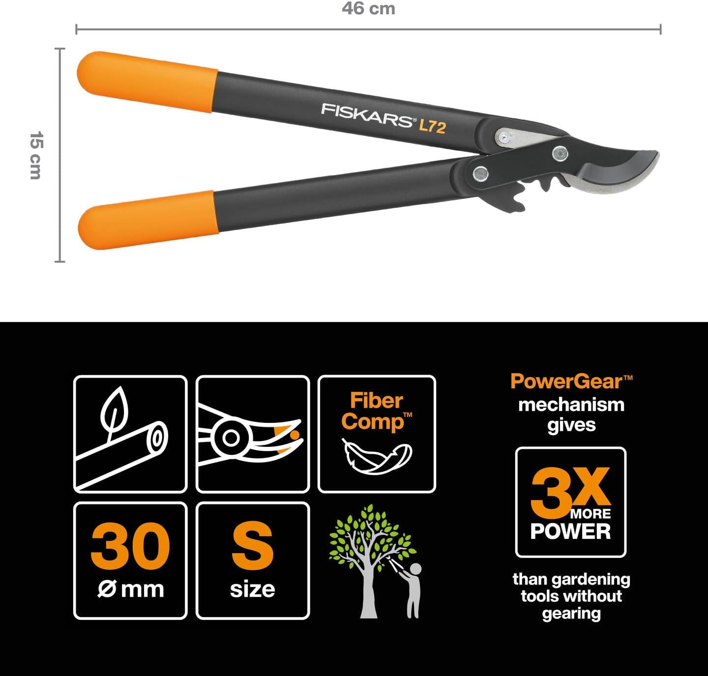 PowerGear Lopper Bypass, Hook Head (L) L78, Power Gear II system, Non-stick coating, Cutting Diameter : 5 cm, Hardened steel, Length: 70 cm, Black/Orange, 1000584