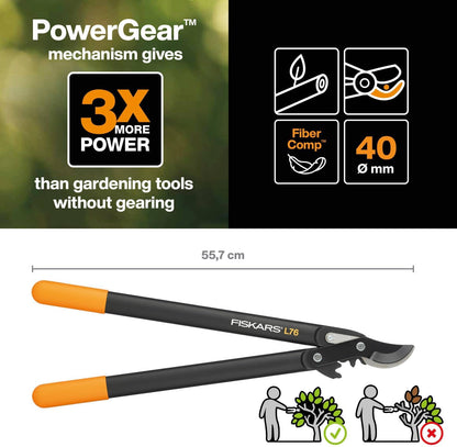 PowerGear Lopper Bypass, Hook Head (L) L78, Power Gear II system, Non-stick coating, Cutting Diameter : 5 cm, Hardened steel, Length: 70 cm, Black/Orange, 1000584