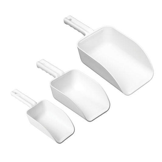 A Vikan Company 3 pk Color-Coded Plastic Hand Scoop - BPA-Free, Food-Safe Scooper, Commercial-Grade Utensils, Restaurant and Food Service Supplies, 16, 32, 82 Ounce Sizes, White