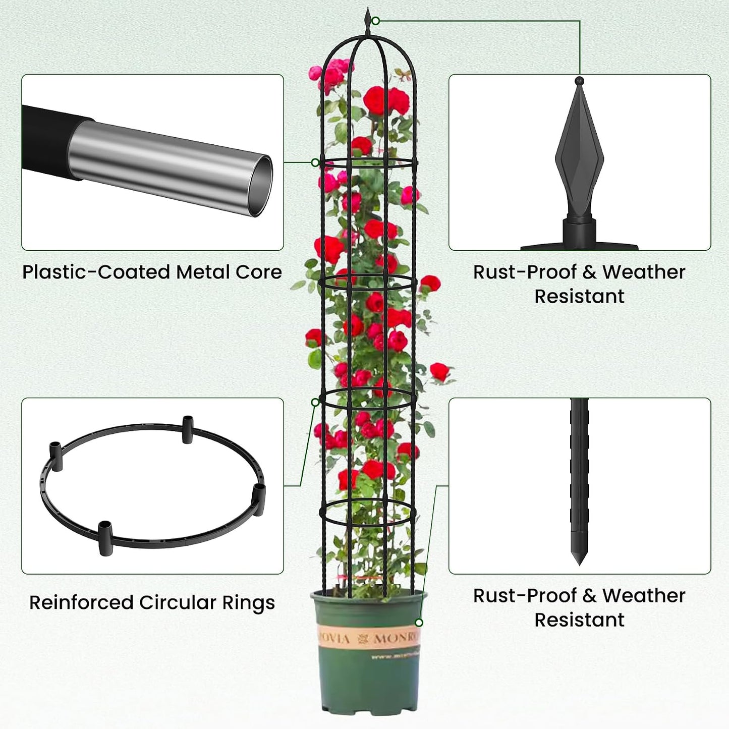 Garden Obelisk Trellis for Climbing Plants - 76" Tall Weather-Resistant Rustproof Metal Plant Flower Support for Roses, Clematis, Tomatoes & Vines, Indoor/Outdoor Use, 12”D (2 Pack)