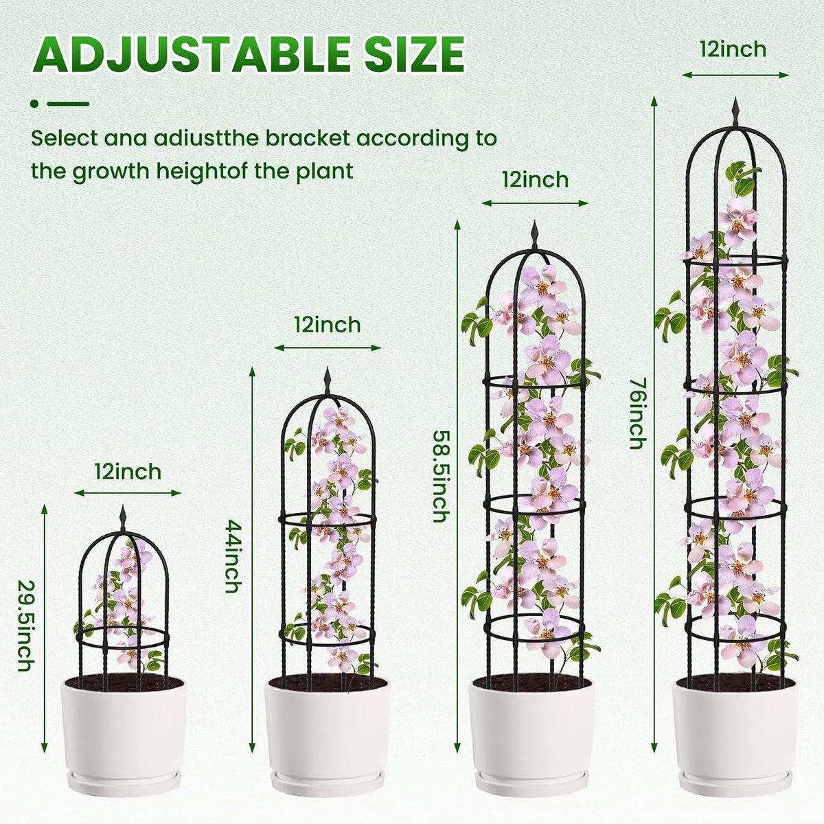 Garden Obelisk Trellis for Climbing Plants - 76" Tall Weather-Resistant Rustproof Metal Plant Flower Support for Roses, Clematis, Tomatoes & Vines, Indoor/Outdoor Use, 12”D (2 Pack)