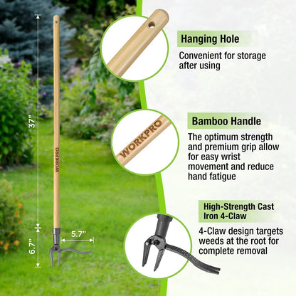 Weed Puller Tool with 44” Bamboo Handle, Heavy-Duty 4-Claw Cast Iron Head