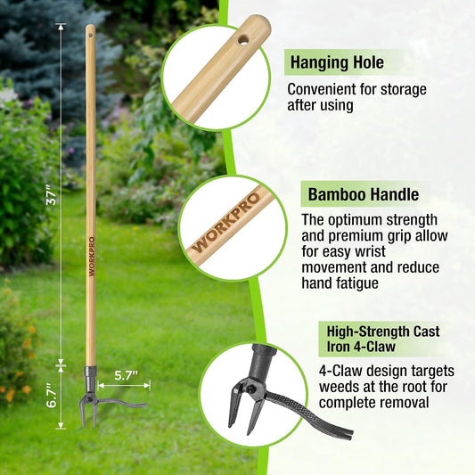 Weed Puller Tool with 44” Bamboo Handle, Heavy-Duty 4-Claw Cast Iron Head