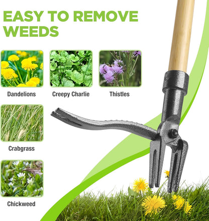 Weed Puller Tool with 44” Bamboo Handle, Heavy-Duty 4-Claw Cast Iron Head